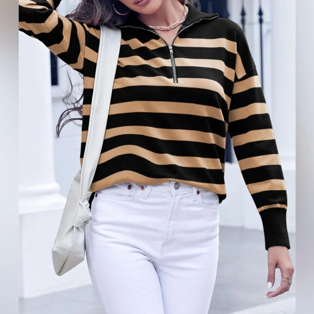 NWOT Women’s Long Sleeve Lightweight Khaki  & Black Striped Half Zip Sweat… - Picture 6 of 8